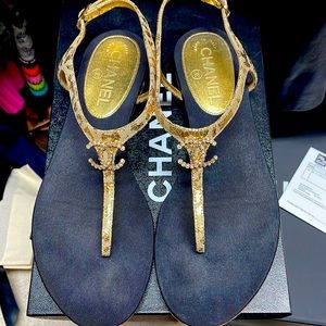 Chanel gold metallic sandals w/rhinestone CCs on black grosgrain soles